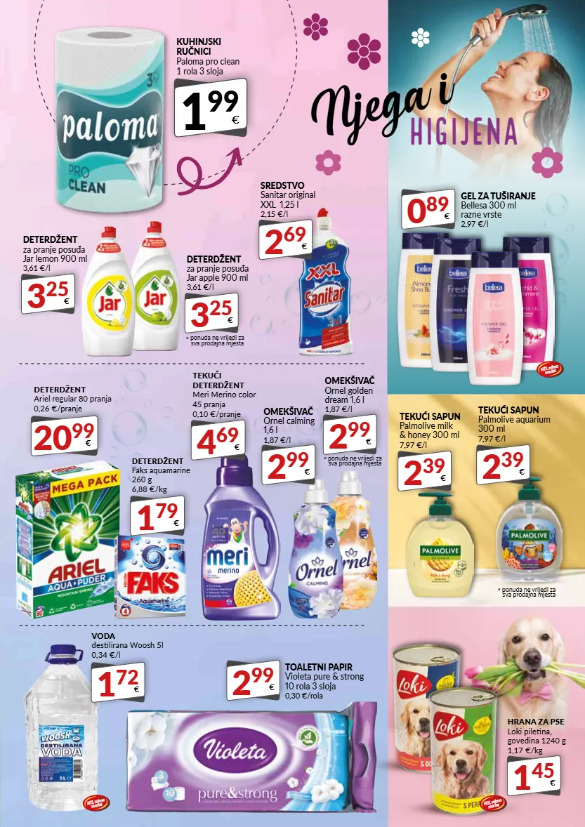 deterdžent,gel za tuširanje,hrana za pse,ručnici,sapun,toaletni papir