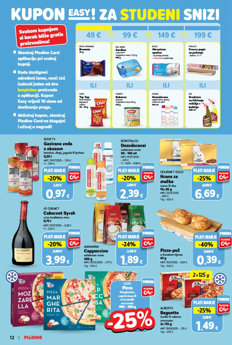 baguette,cappuccino,dezodorans,dinja,hrana za mačke,mozzarella,pizza,riba,vino