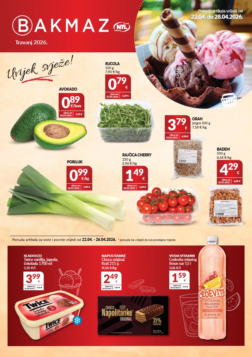 badem,cedevita,limun,napolitanke,orah,rajčica,rucola,sladoled