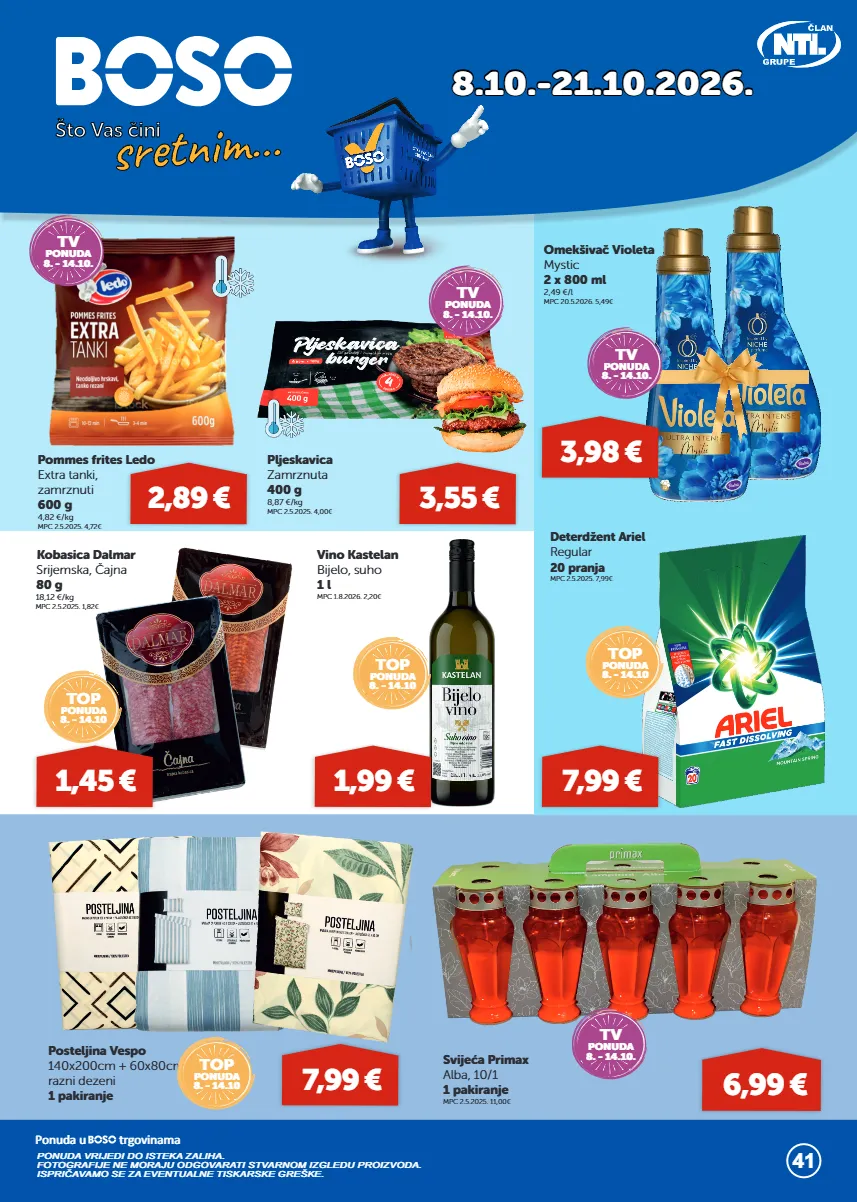 deterdžent,kobasica,pljeskavica,pommes frites,posteljina,tv,vino